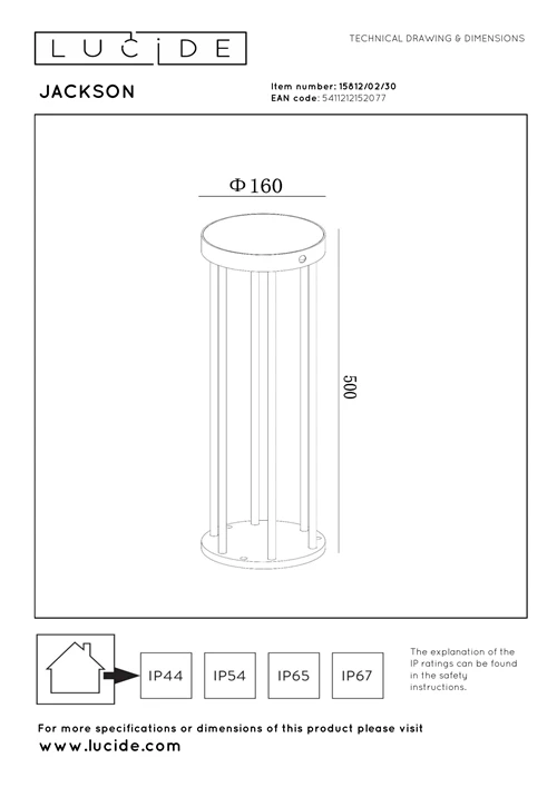 Lucide JACKSON - Borne extérieur- Énergie Solaire - Ø 16 cm - LED Dim. - 1x2W 3000K - IP65- Détecteur De Mouvement & Jour/Nuit - Noir - technique
